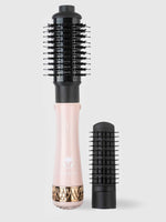 A refurbished Calista Tools StyleDryer Pro hair drying brush in pink and black with attached bristles, gold accent ring, and an extra detachable brush head. Ideal for anyone seeking quality refurbished hair tools.