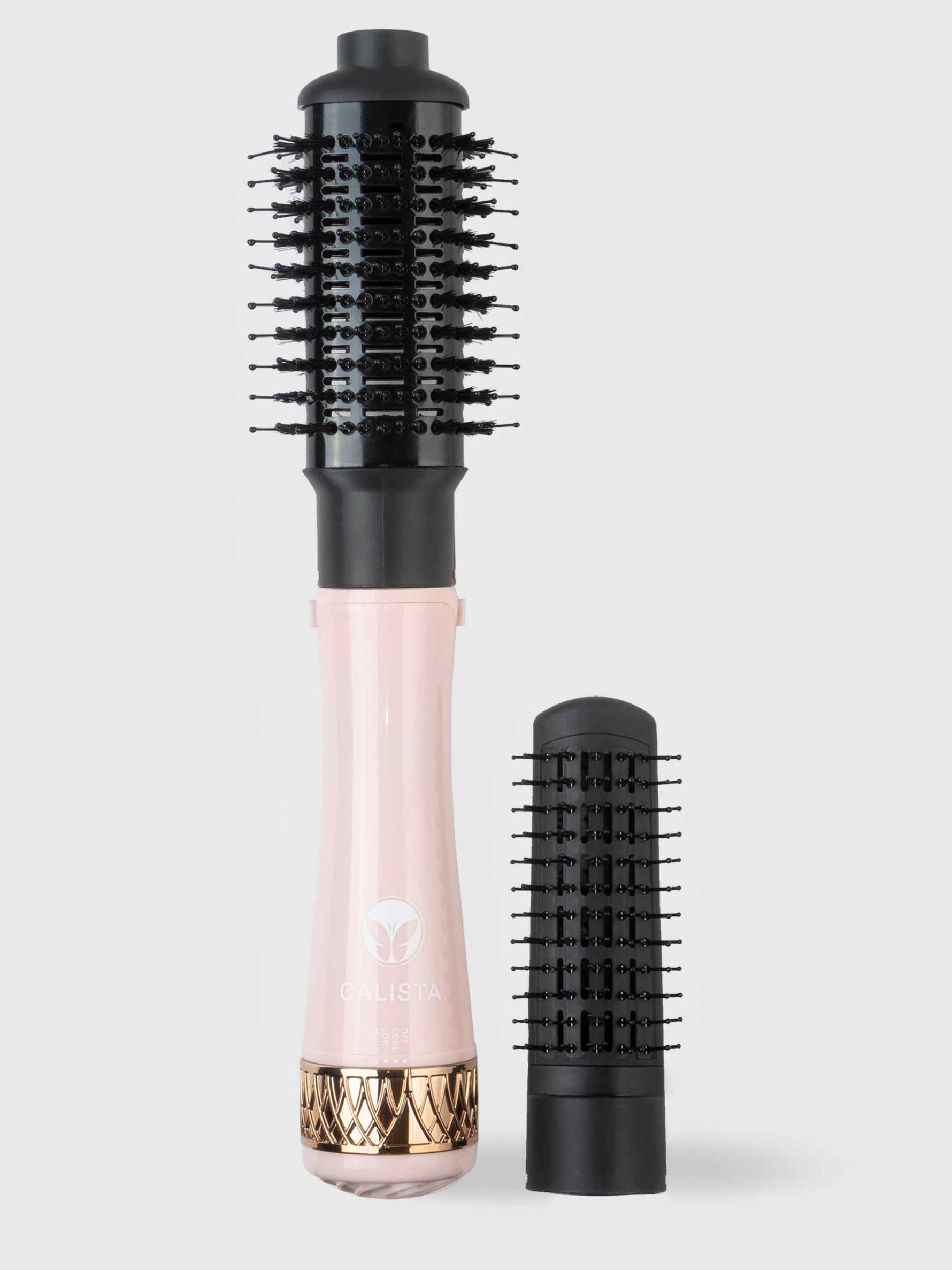 A refurbished Calista Tools StyleDryer Pro hair drying brush in pink and black with attached bristles, gold accent ring, and an extra detachable brush head. Ideal for anyone seeking quality refurbished hair tools.