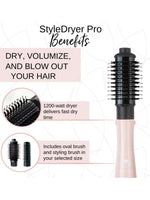 A pink Refurbished StyleDryer Pro Hair Drying Brush by Calista Tools is shown with a round brush. Text highlights fast 1200-watt drying, volumizing, blowout abilities, and included oval and styling brush attachments.