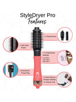 Image of the Refurbished StyleDryer Pro Hair Drying Brush by Calista Tools, showing labeled features: 2 attachments, 1200W power, 3 temperature settings, American/2-prong plug, control ring, and 6’ swivel cord.