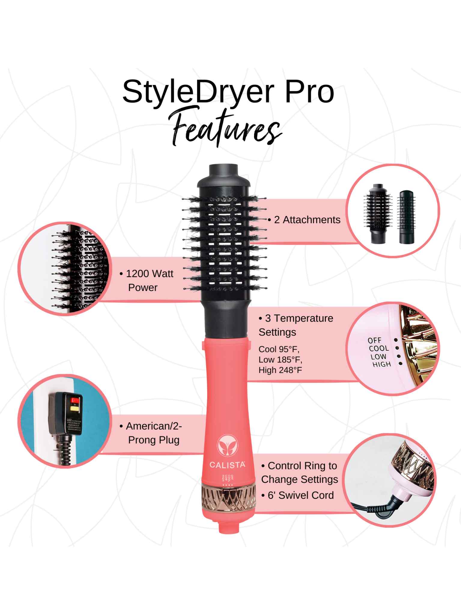 Image of the Refurbished StyleDryer Pro Hair Drying Brush by Calista Tools, showing labeled features: 2 attachments, 1200W power, 3 temperature settings, American/2-prong plug, control ring, and 6’ swivel cord.