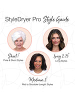 Style guide shows three women with different hairstyles—short white pixie (Short), medium shoulder-length waves (Medium 2”), and long dark loose waves (Long 2.75”)—all styled with the Calista Tools Refurbished StyleDryer Pro Hair Drying Brush.