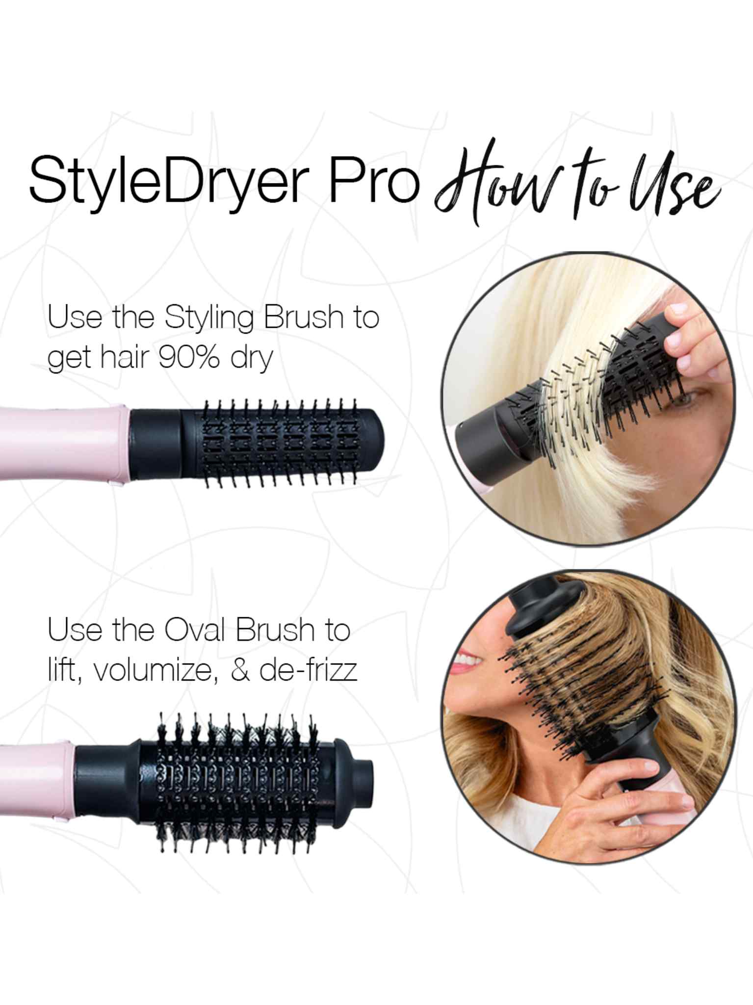Instructional guide for the Calista Tools Vault StyleDryer Pro Hair Drying Brush - Long 2.75". One photo shows it drying hair; another highlights the oval brush creating volume. Text details how each brush delivers salon-quality results.