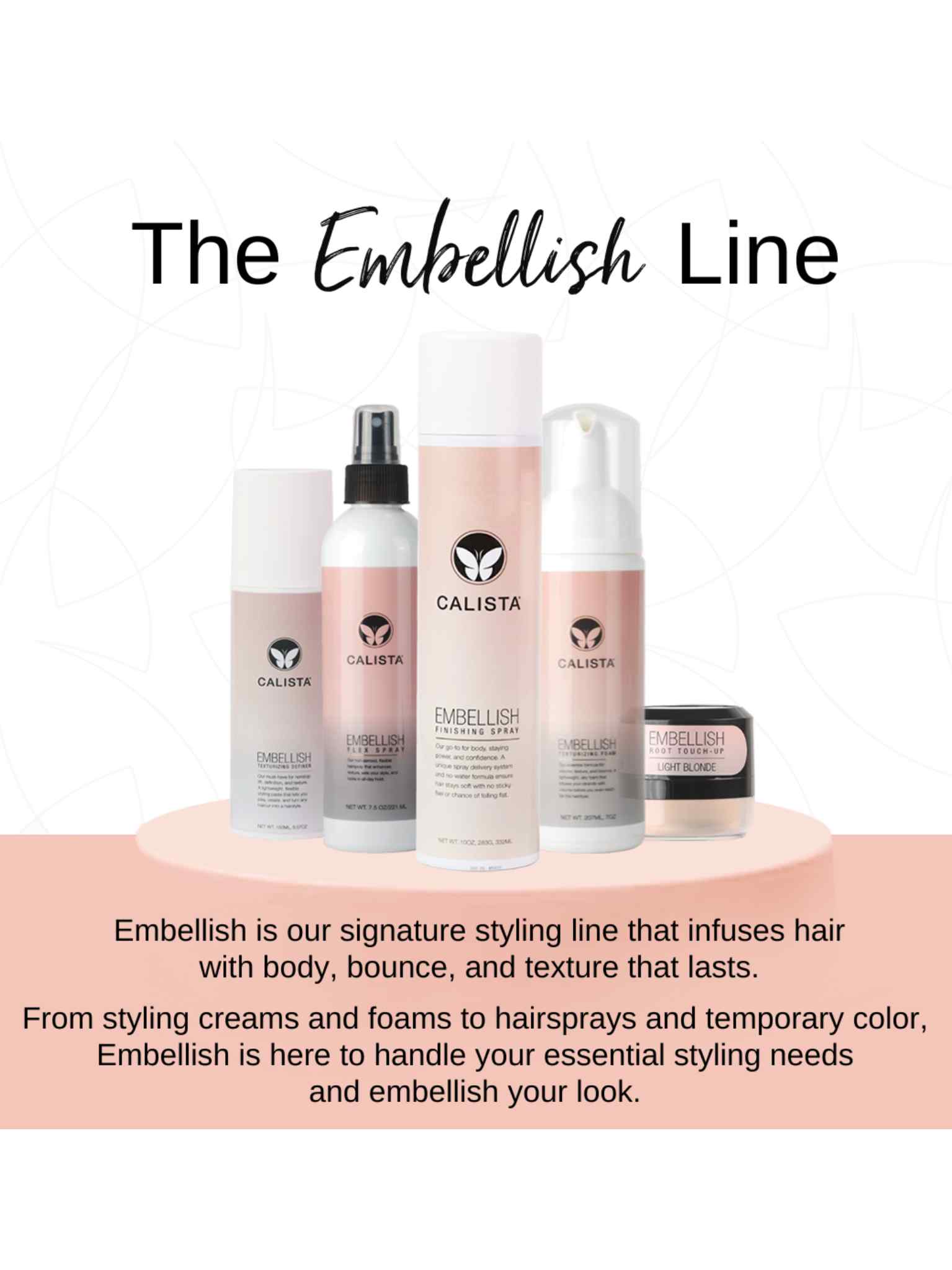 infographic containing information on the Calista embellish line and image of all the products