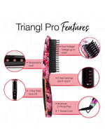 The Calista Tools Vault Triangl Pro Heated Detailer Brush in pink features adjustable heat (290°F–430°F), temperature lock, dual voltage, 1-hour auto shutoff, a 7 ft swivel cord, and an American 2-prong plug to de-frizz hair.