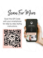 Hand holding a smartphone showing Calista Tools’ Triangl Pro Heated Detailer Brush with de-frizz tips and ionic ceramic tech, next to a black and white QR code on pink background with text: Scan For More and scan instructions.