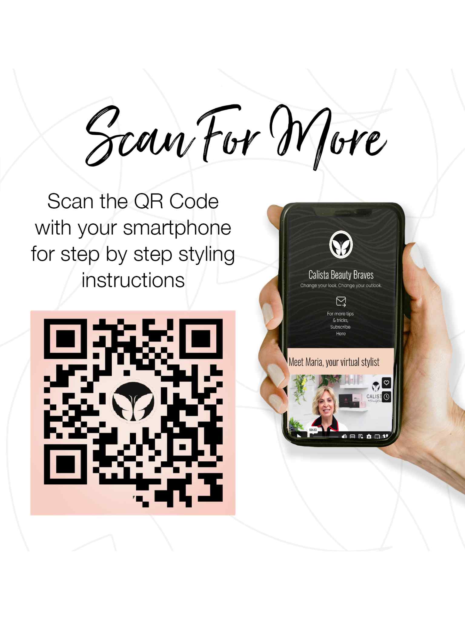 Hand holding a smartphone showing Calista Tools’ Triangl Pro Heated Detailer Brush with de-frizz tips and ionic ceramic tech, next to a black and white QR code on pink background with text: Scan For More and scan instructions.