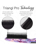 Close-up of the Calista Tools Triangl Pro Heated Detailer Brush, featuring 52 nylon bristles, 32 triangular plates, ionic ceramic technology to de-frizz hair and prevent creasing; handle showcases a purple floral pattern.