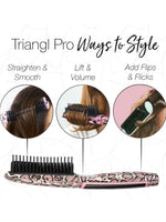 The Vault Triangl Pro Heated Detailer Brush by Calista Tools is shown in a pink snakeskin pattern, demonstrating straightening and smoothing, lifting for volume, and de-frizzing hair with added flips and flicks.