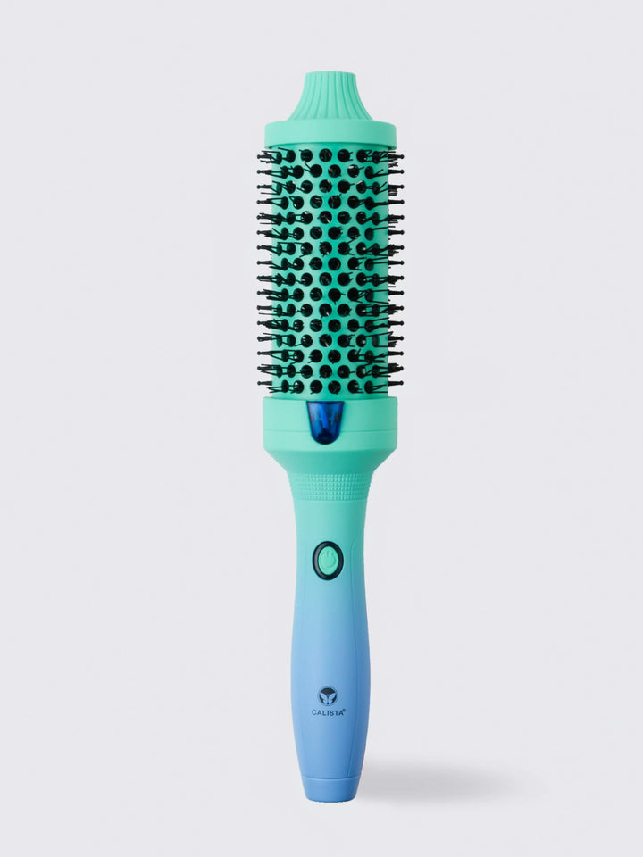 blue snow cone fauxblo thermal hairbrush with black bristle head on a light gray background
