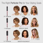 Images of models and text describing different hairstyles that can be achieved with each Perfecter barrel size