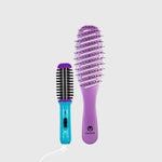 A violet calista smoothie brush next to a berry burst gogo mini round brush
