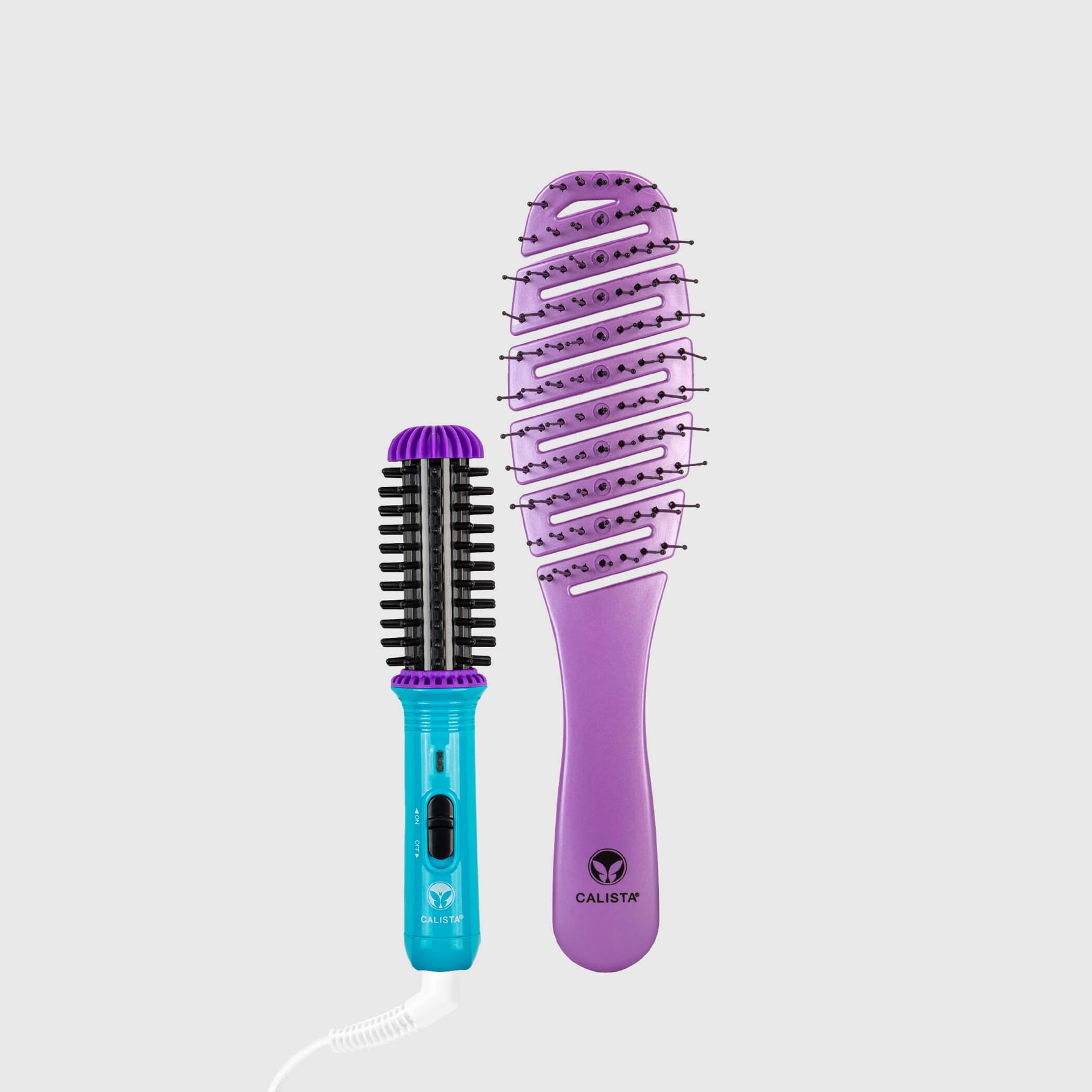 A violet calista smoothie brush next to a berry burst gogo mini round brush