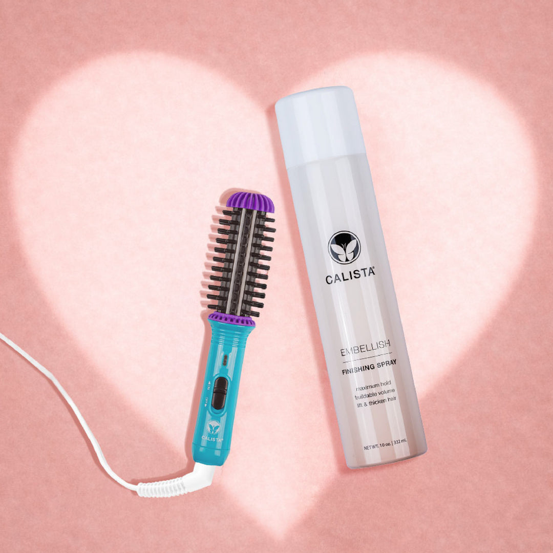 gogo mini round brush and embellish finishing spray duo on pink backdrop