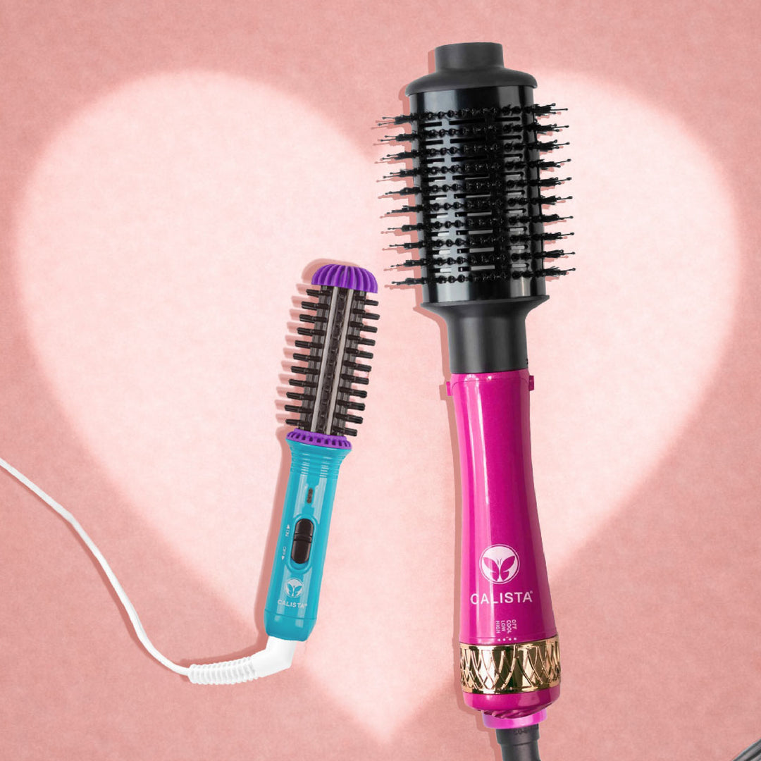 gogo mini round brush and styledryer pro on pink backdrop