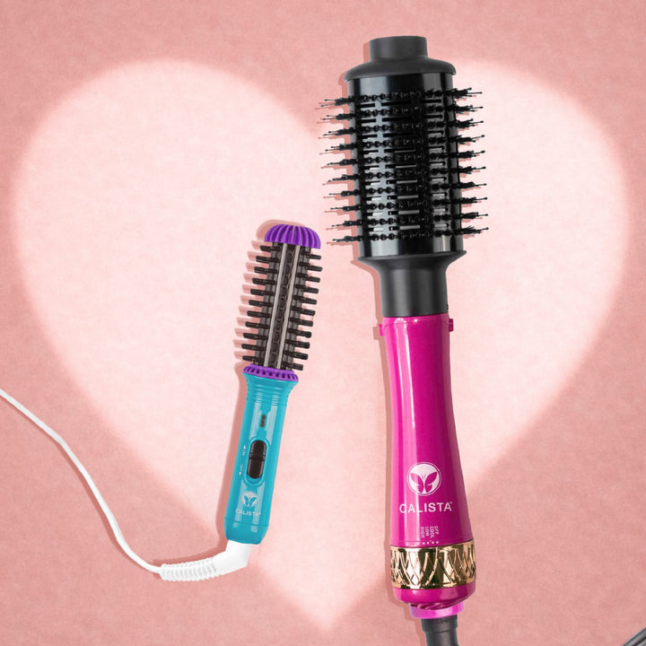 gogo mini round brush and styledryer pro on pink backdrop